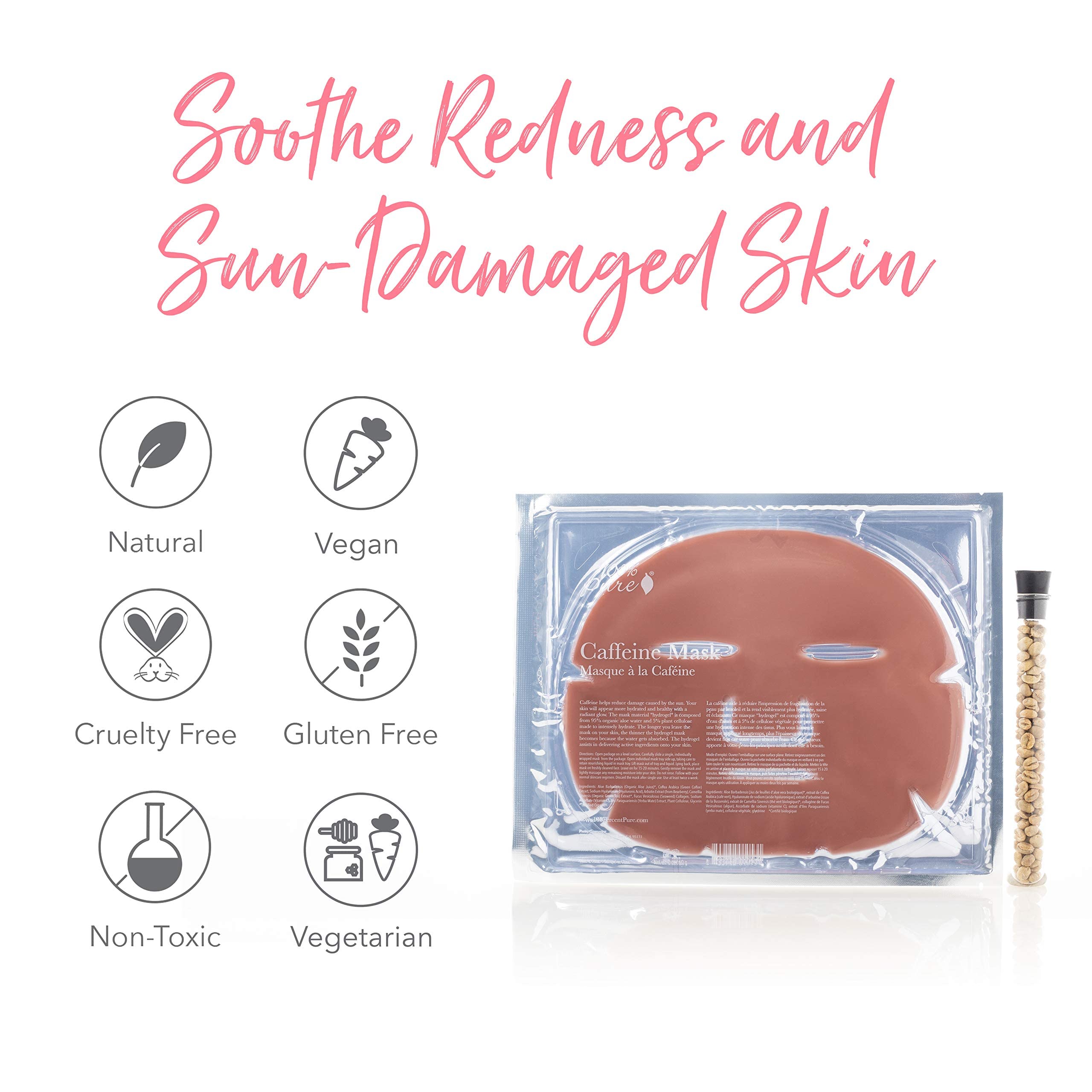 100% PURE Caffeine Face Mask (1 PC), Soothing Face Mask with Hyaluronic Acid, Hydrating Skin Care, Soothes Skin, Sustainably Made - Single Mask - Image 7